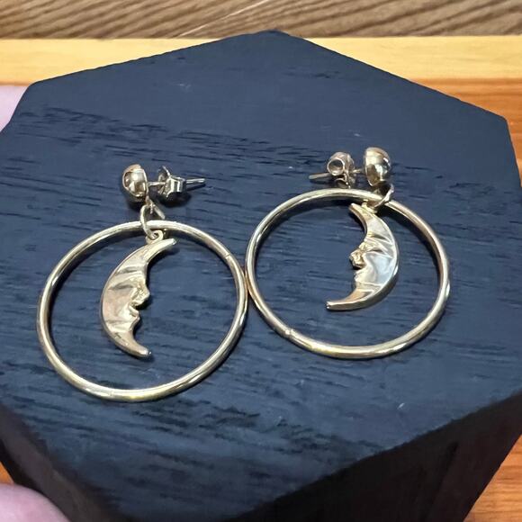 Vintage Celestial Man In The Moon Dangle Earrings Gold Tone Boho - Picture 2 of 5